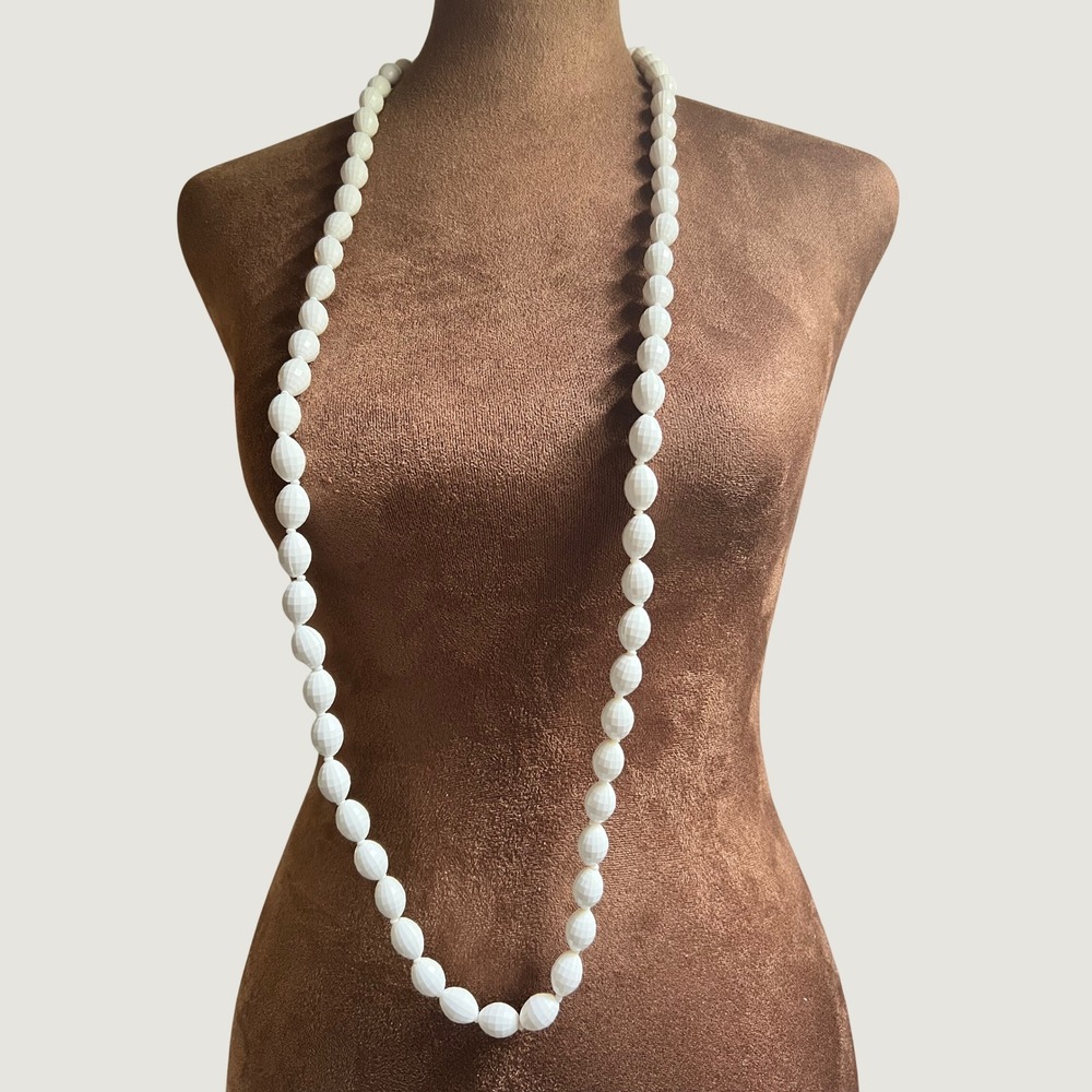 Vintage White Faceted Plastic Bead Long Strand Necklace 42 Inch Cottagecore‎